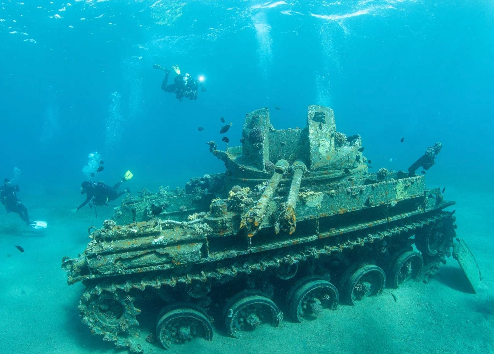 Buceo en Aqaba junto a un tanque militar sumergido en el Mar Rojo, una de las mejores inmersiones de Jordania